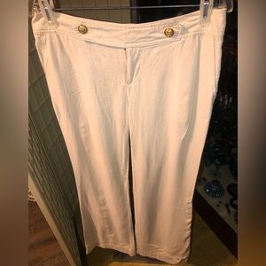 Love Tree Pants, (Large), zipper button + front style buttons, linen/viscose mix